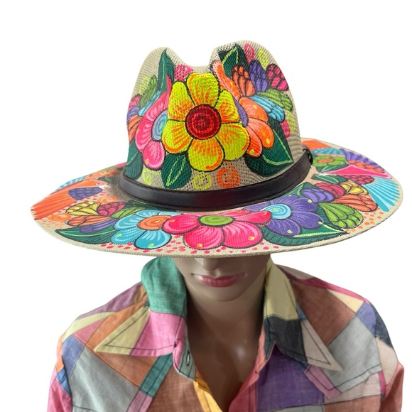 Handmade Accessories - Hand Painted Floral Boho Wide Brim Hat | Colorful Artisan Festival Hat